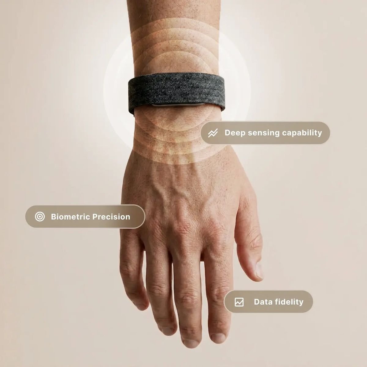Close-up of the Hume Band 2.0 on the wrist illustrating sensing precision